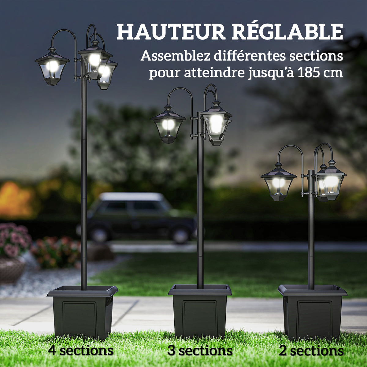 Lampadaire Extérieur sur Pied à 3 Têtes avec Bac à Fleurs, Capteur Automatique Crépuscule à L'aube, 52x52x185cm, Noir