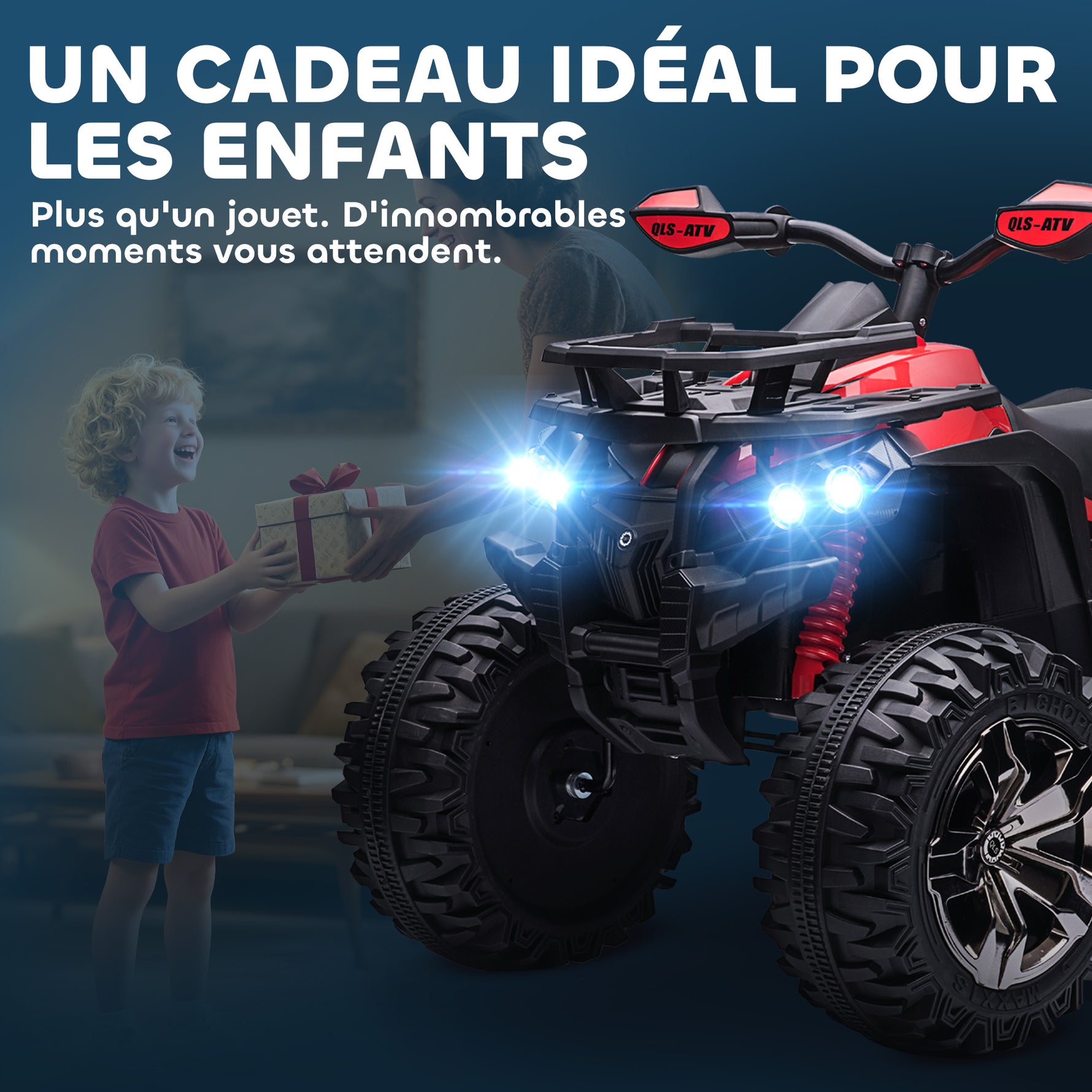 Quad Buggy électrique Enfant 12 V 8 Km/h Max. Voiture électrique Enfant avec Effets Lumineux sonores Selle avec Dossier Porte-Bagage Avant métal PP Rouge Noir