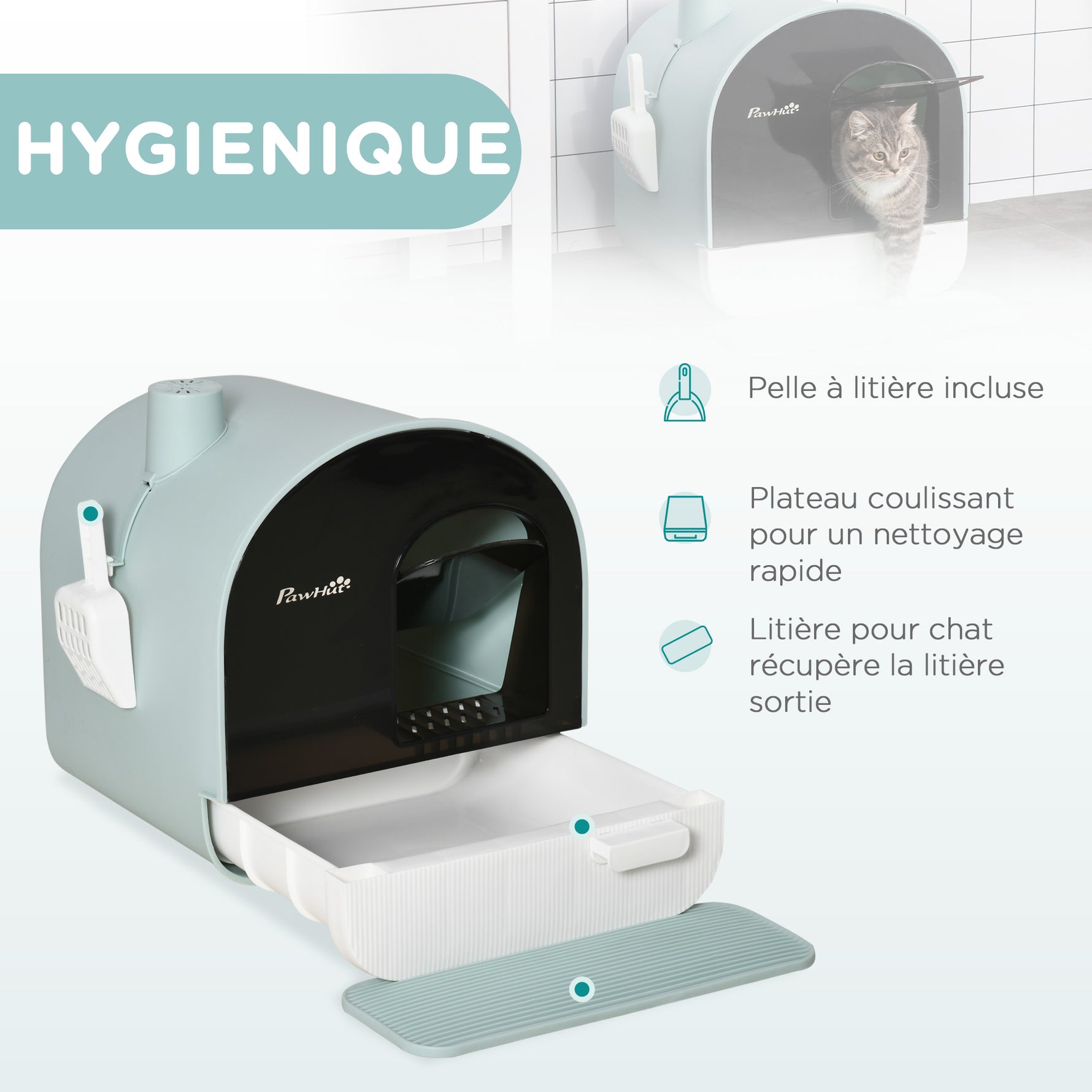 Maison de toilette pour chat avec tiroir amovible, bac à litière fermé avec tapis anti-trace, pelle, filtre anti-odeur et porte battante, nettoyage facile, 43 x 44 x 47 cm, vert