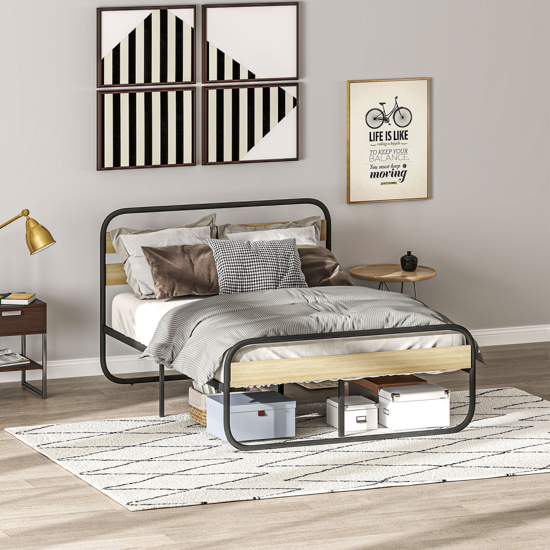 Lit double 140 x 190 cm, cadre de lit en acier style industriel, tête de lit et sommier inclus, aspect bois