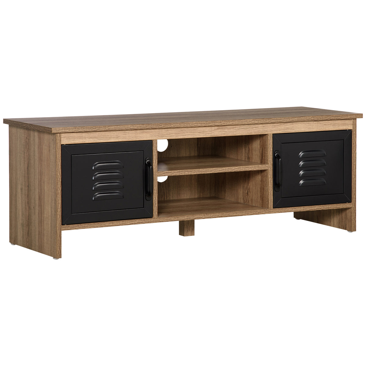 Meuble TV Banc TV 110 cm Design Industriel, avec 2 placards, 2 niches, 2 Passe-Fils, Aspect Bois veinage Portes métal Noir