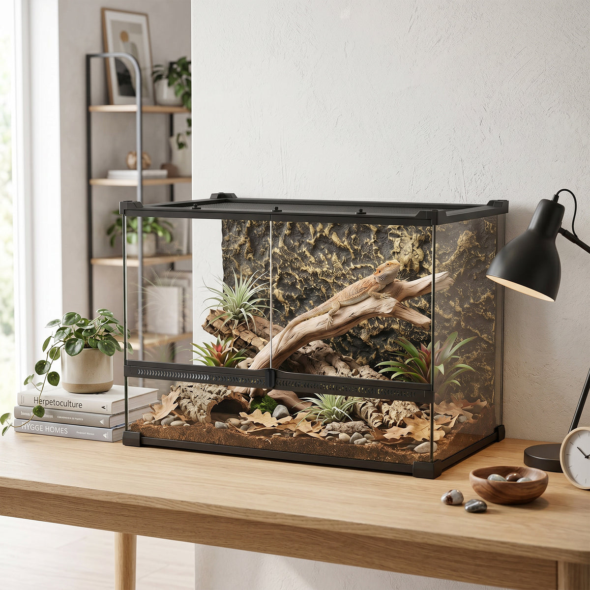 Boîte à Reptiles avec Panneau de Fond, Fermeture Sécurisée Par Rotation, Ventilation Frontale, 50x30x35cm, Noir