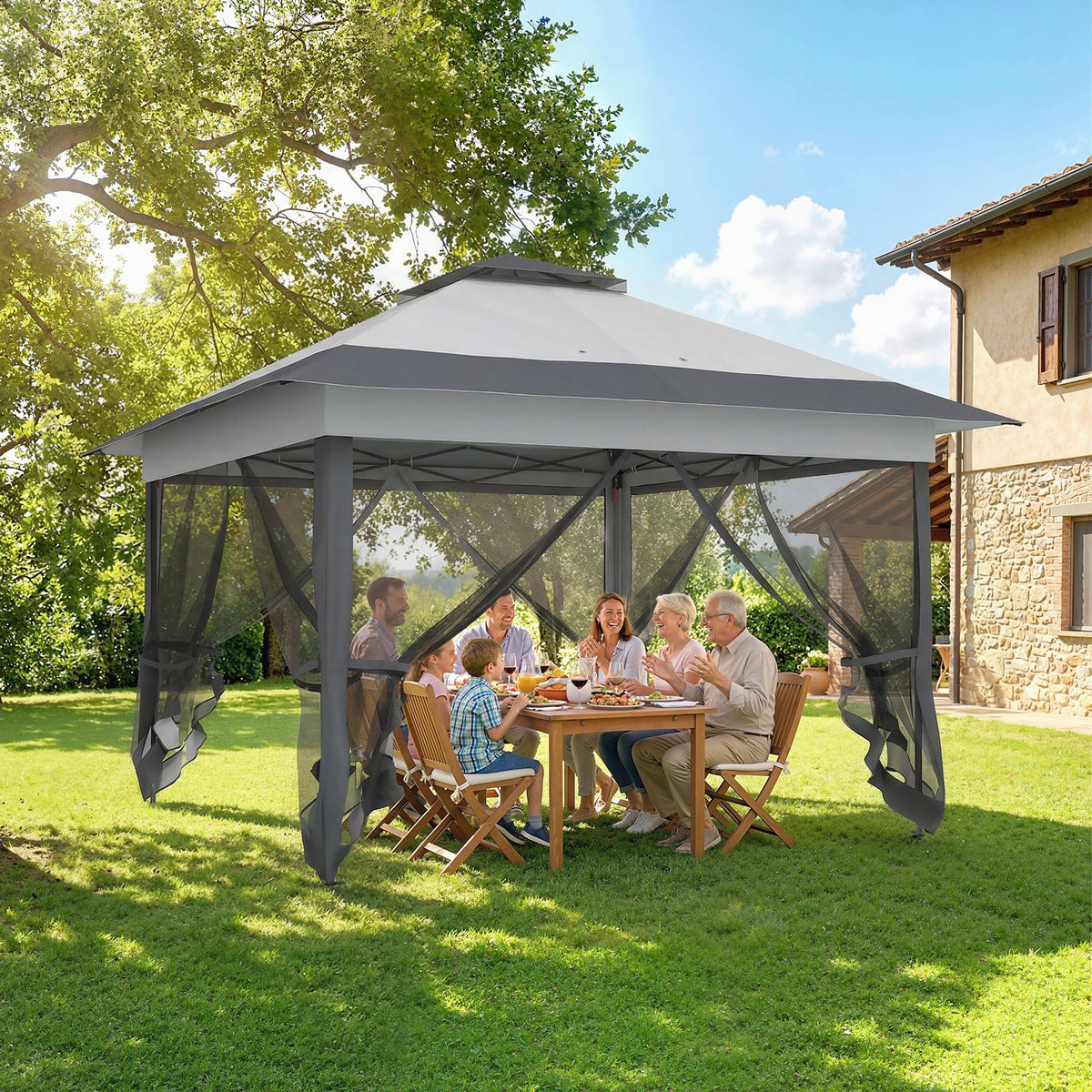 Gazebo da giardino pieghevole pop-up in acciaio e poliestere con zanzariere + borsa per il trasporto con ruote grigio