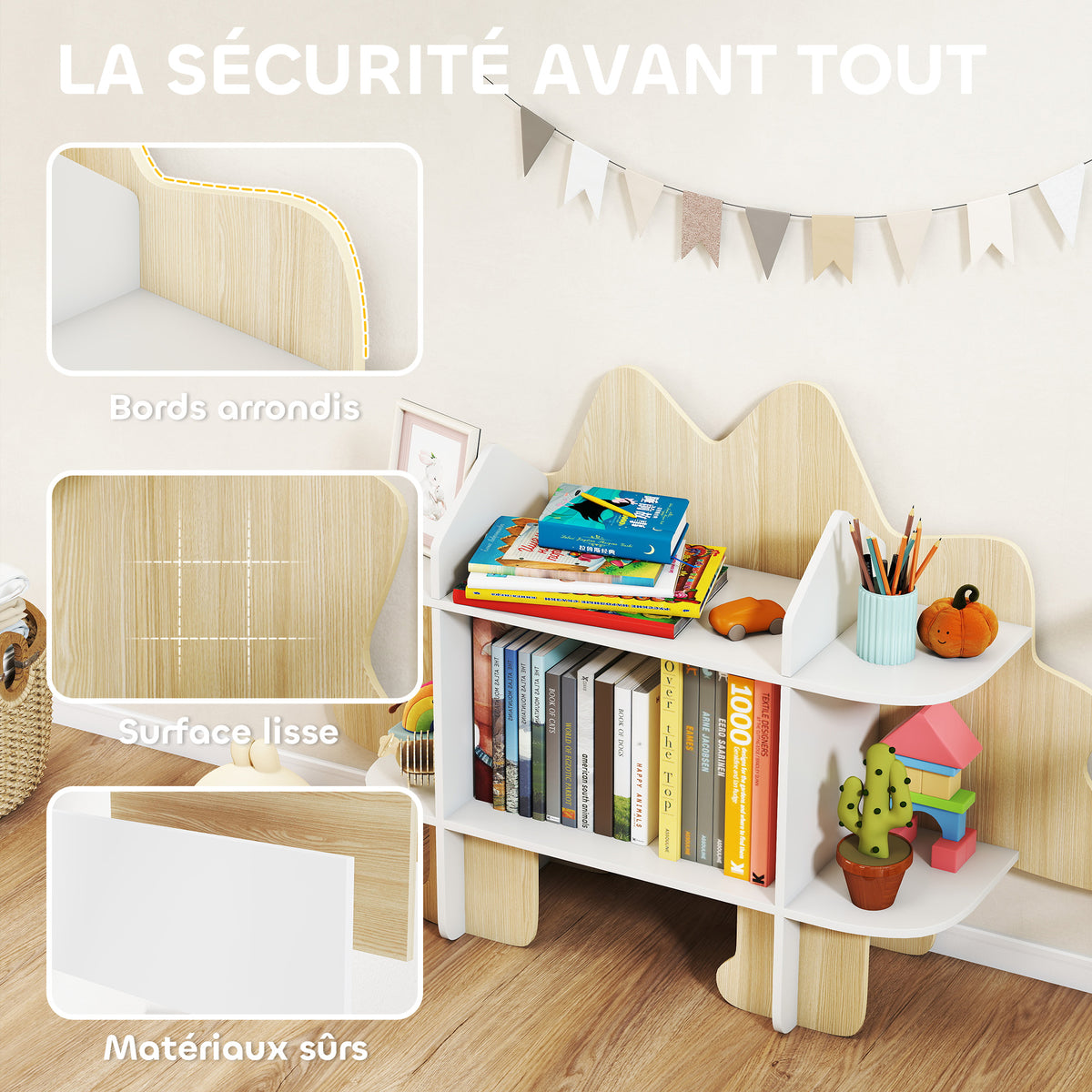 Bibliothèque enfant meuble de rangement pour jouets et livres 6 compartiments 120x28x72,2cm bois naturel