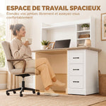 Bureau Informatique avec 3 Tiroirs, 120x55cm, Bureau avec Rangement, Étagères Ouvertes et Large Plateau, Chêne et Blanc