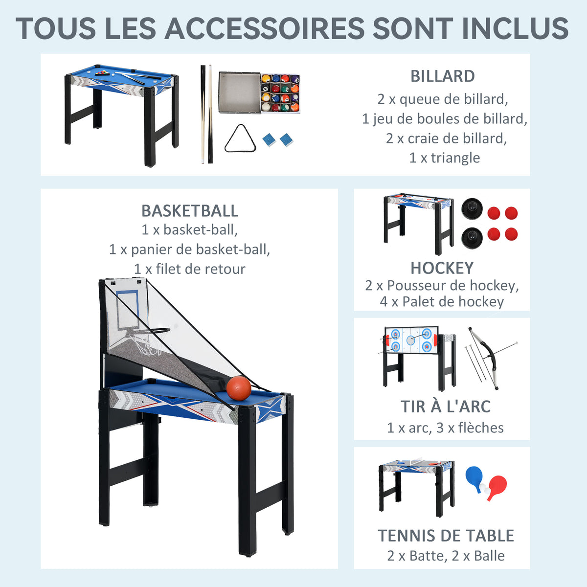 Mini Table de jeux multifonctions 5 en 1, Billard, ping-pong, jeu de palets, mini basket, tir à l'arc, bleu