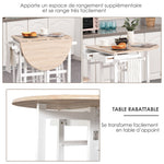 Ensemble Table de Bar Pliable sur roulettes avec étagère et 2 tiroirs + 2 tabourets Bois pin MDF Blanc chêne Clair