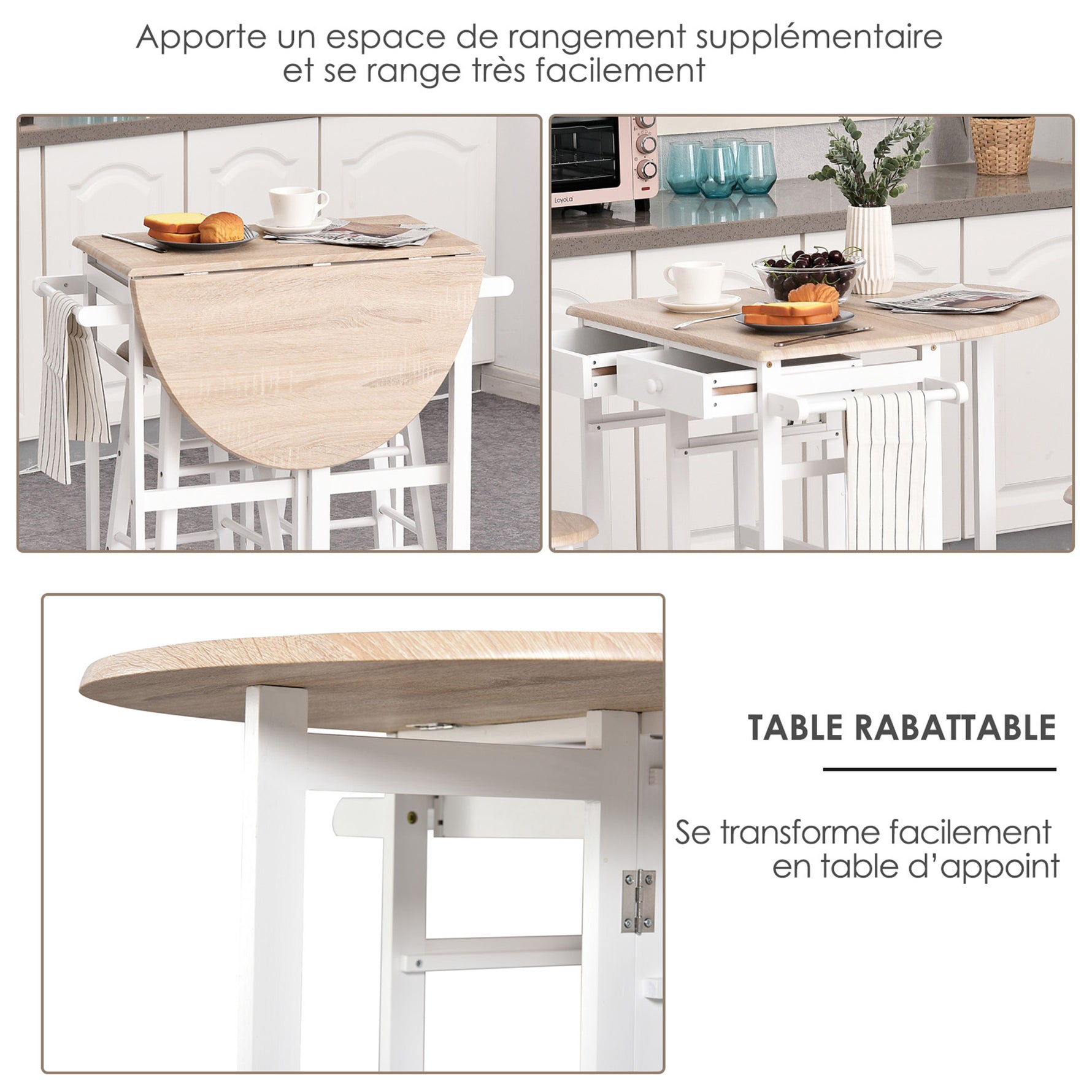 Ensemble Table de Bar Pliable sur roulettes avec étagère et 2 tiroirs + 2 tabourets Bois pin MDF Blanc chêne Clair