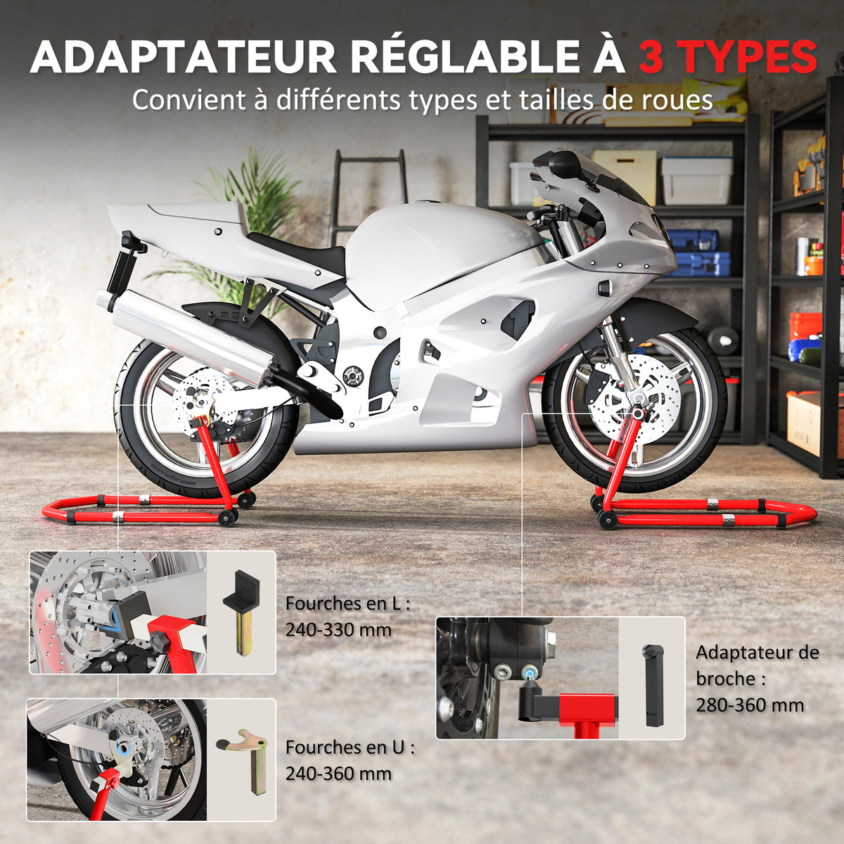 Cavalletto Moto, Capacità 390 kg, Supporto Anteriore e Posteriore Regolabile con Forche a U+L, Morsetti di Fissaggio, 43x36x64cm, Rosso