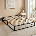 Cadre de Lit 140 x 190 cm avec Sommier, Lit Double avec Pochette de Rangement, Support à Lattes en Bois, Noir