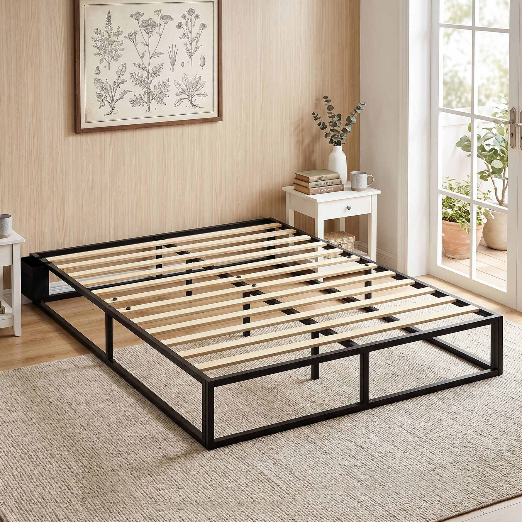 Cadre de Lit 140 x 190 cm avec Sommier, Lit Double avec Pochette de Rangement, Support à Lattes en Bois, Noir
