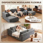 Canapé Modulaire en U 4 Places, 2 Méridiennes, Canapé 2 Places, 6 Coussins, Sans Montage, 369 x 152 x 78 cm, Gris