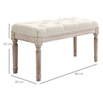 Banc Banquette classique capitonné 80cm bout de lit Rembourrée en lin - bois d'hévéa sculpté, patiné - Crème