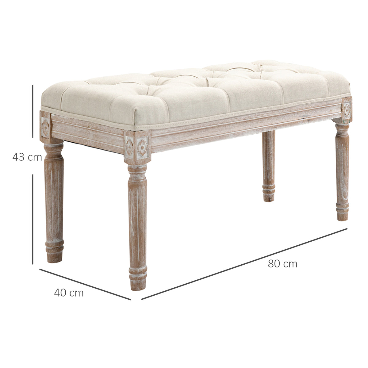 Banc Banquette classique capitonné 80cm bout de lit Rembourrée en lin - bois d'hévéa sculpté, patiné - Crème