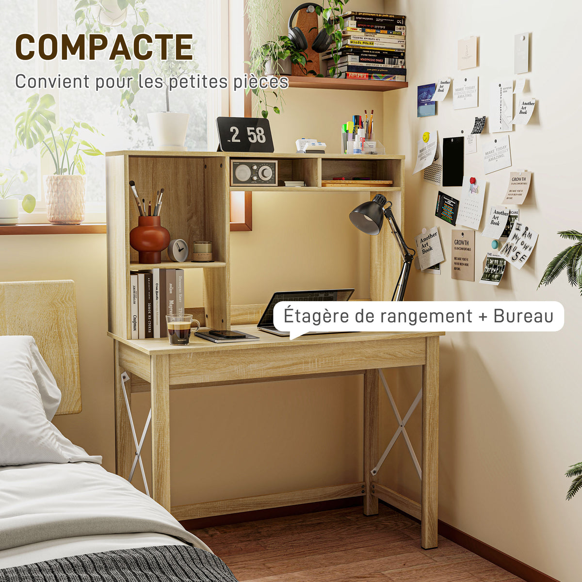 Bureau avec rangement bureau bibliothèque en bois avec étagères et grand plateau pour petits espaces, aspect chêne