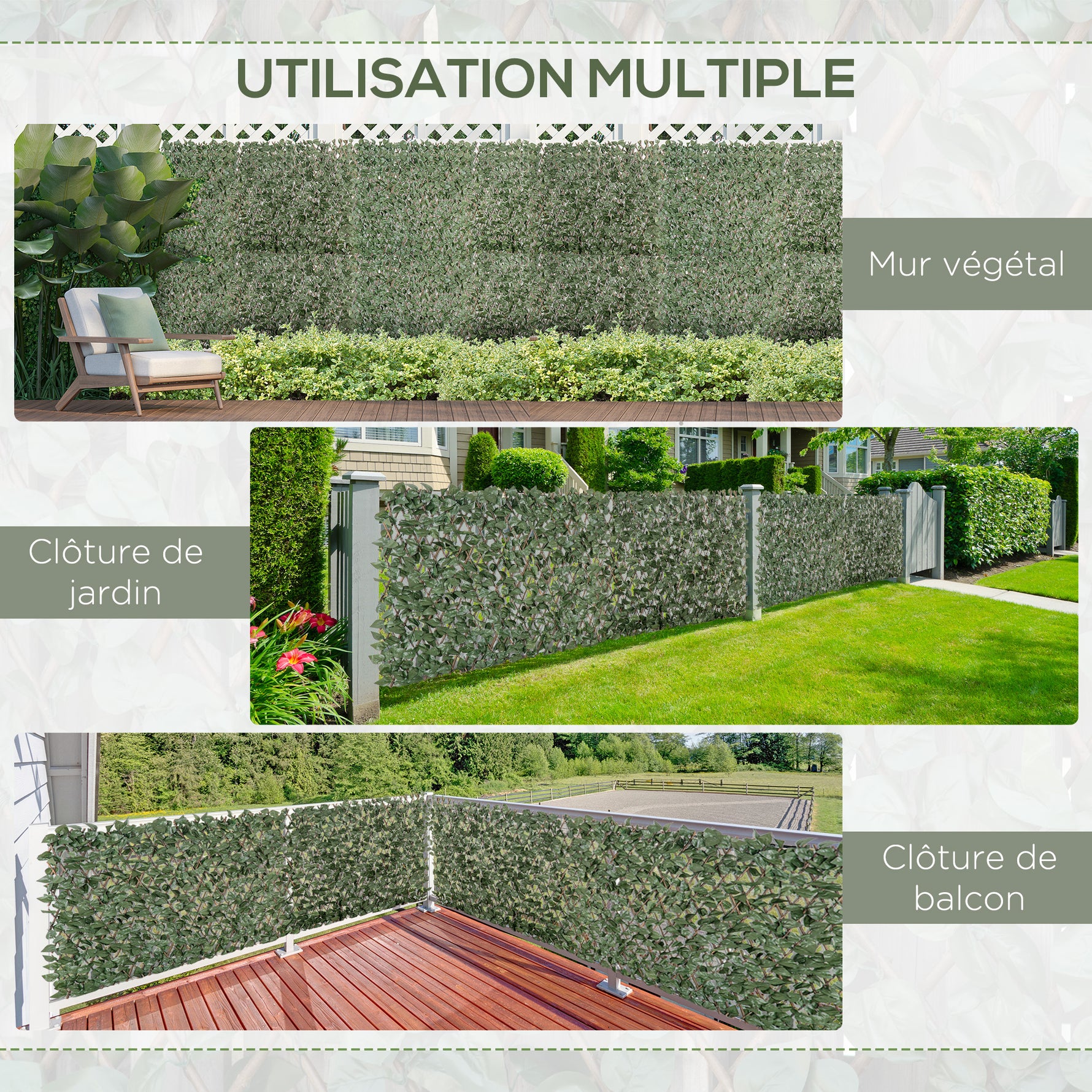 Lot de 4 Haies Artificielles de Lierre Extensible, Feuilles Murale Brise-vue en Polyester Osier, 200 x 100 cm, Vert