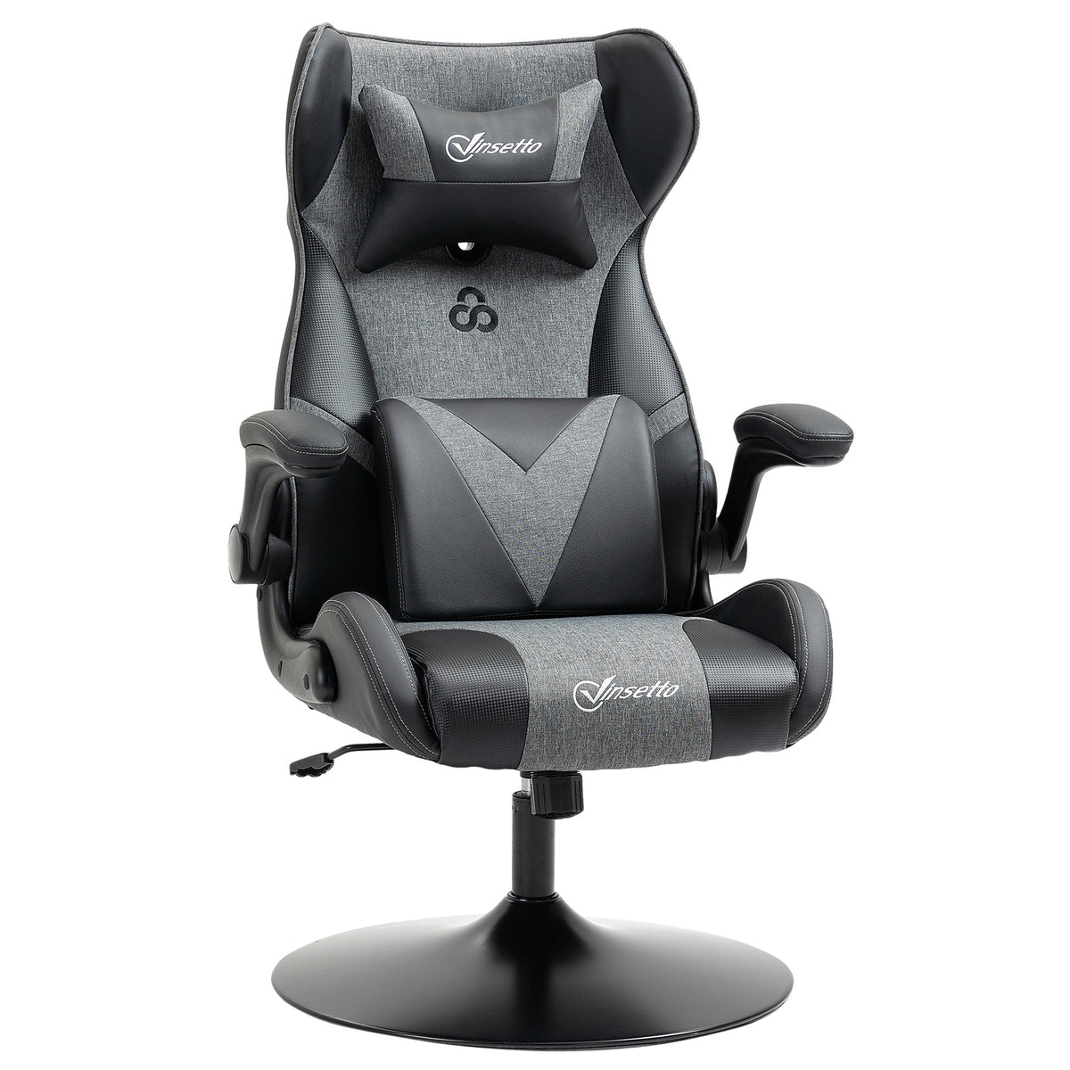 Ergonomische gamestoel met ronde voet, in hoogte verstelbaar, opklapbare armleuning, hoofdsteun- en lendenkussens, PU grijs zwart