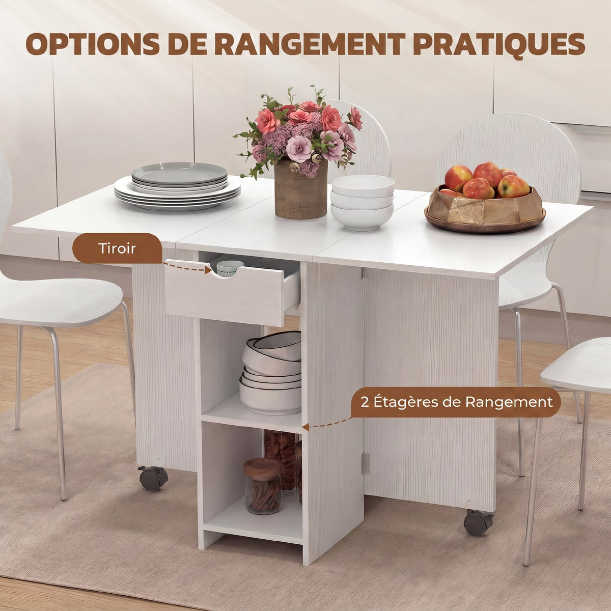 Tavolo da pranzo pieghevole, tavolo da cucina allungabile per 2-4 persone, 2 ribalte, 120 x 72 x 75 cm, bianco