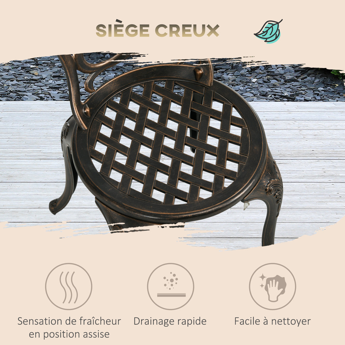 Ensemble Salon de Jardin 2 Places 2 chaises + Table Ronde style charme rétro en fonte d'aluminium, bronze