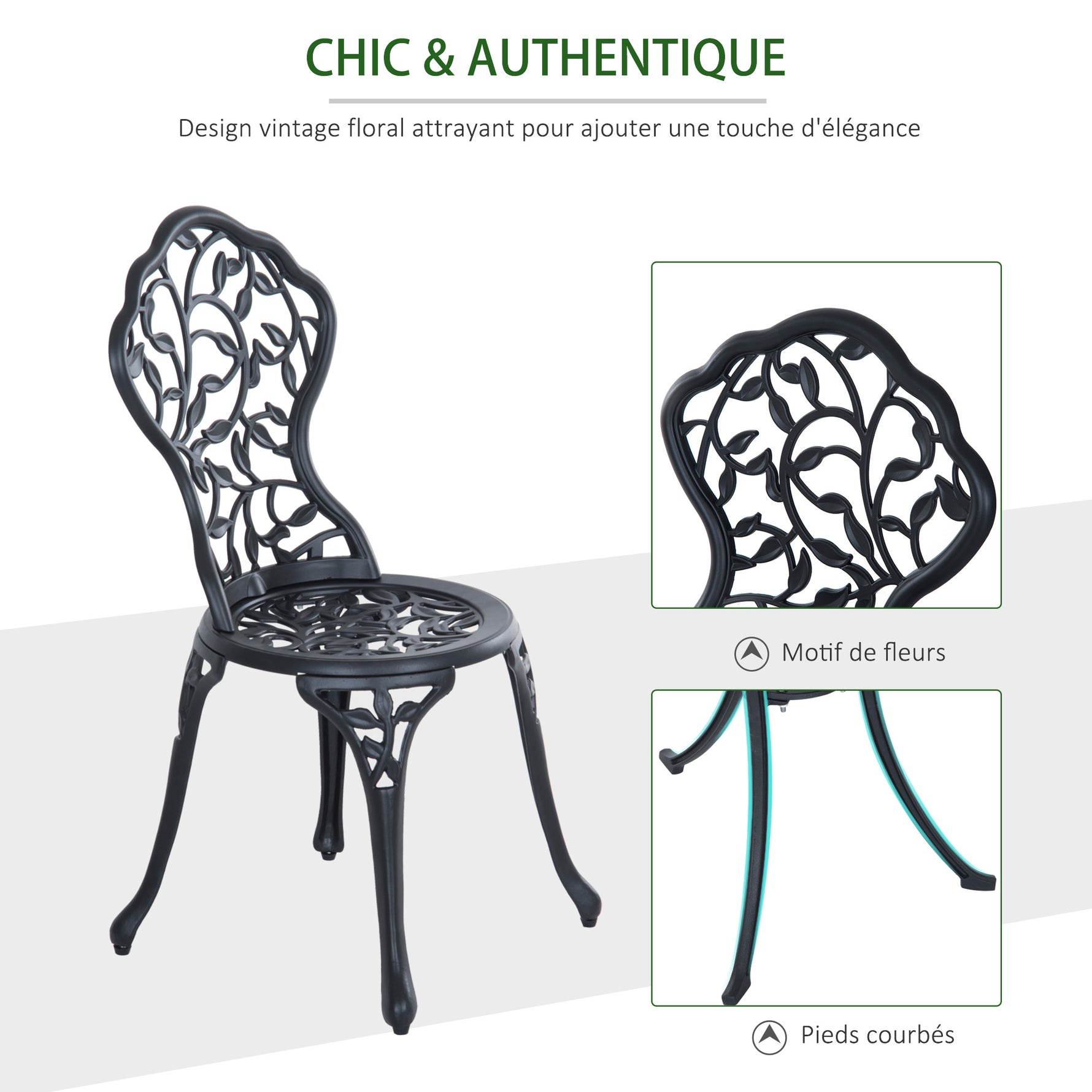 Ensemble de bistrot 3 pièces avec 2 chaises et 1 table ronde style antique, pour jardin, terrasse, balcon, noir