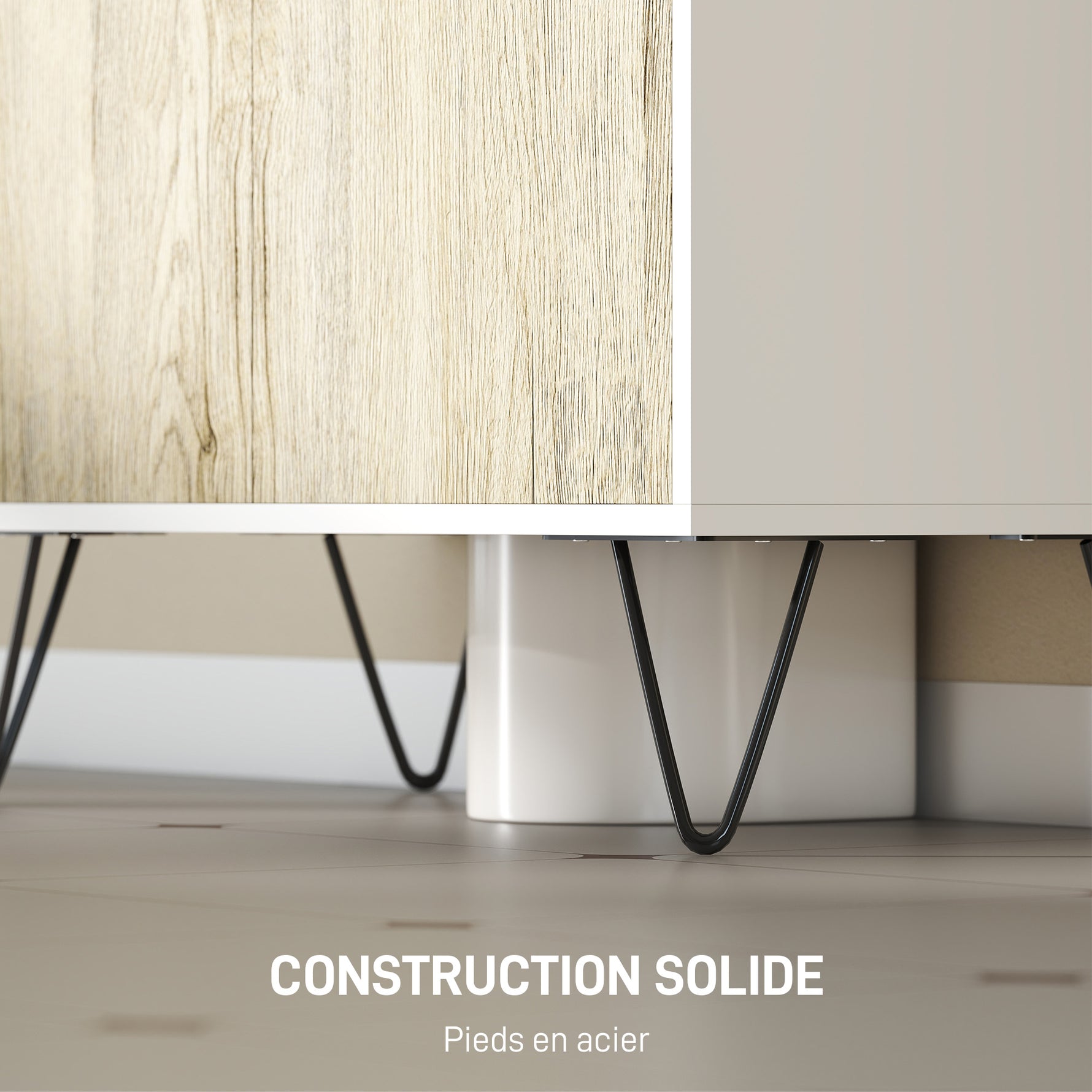 Meuble sous lavabo, meuble de salle de bain avec 2 portes, pieds en acier, 60 x 30 x 60 cm, blanc et bois naturel