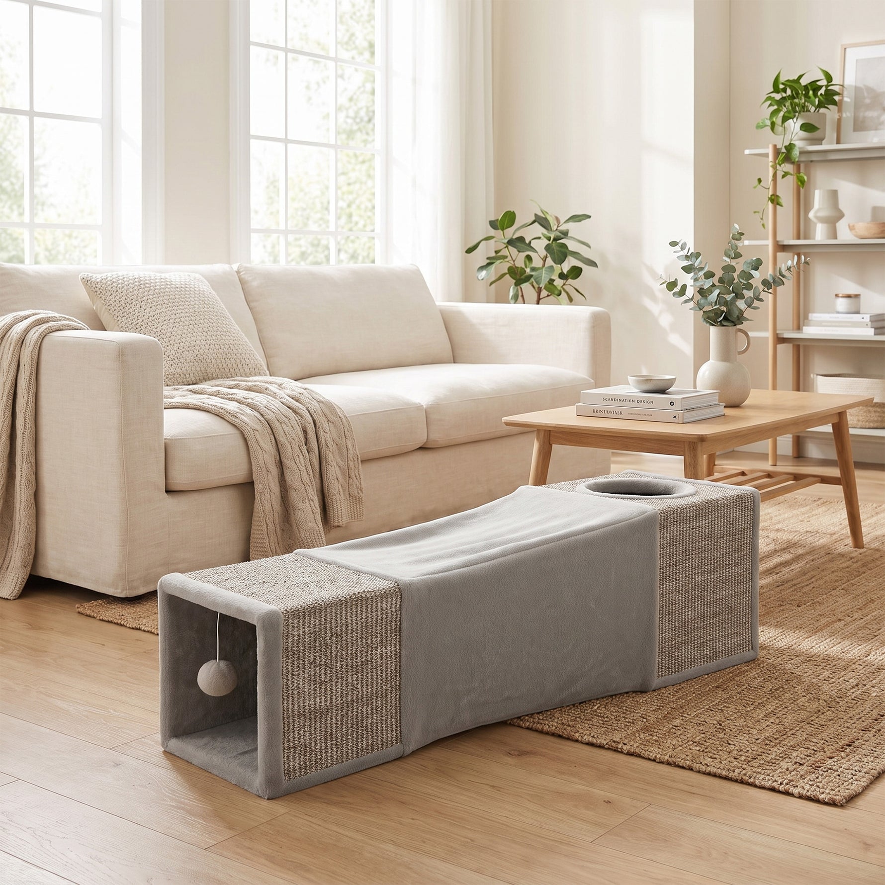 Tunnel pour chat intérieur jouets pour chats avec balle suspendue entrées multiples en sisal 98 x 30 x 30 cm gris