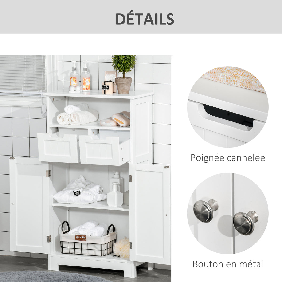 Meuble de salle de bain, meuble de rangement avec 2 tiroirs, niche, placard avec porte, étagère réglable, armoire de salle de bain, cuisine, salon, 60 x 30 x 109 cm, blanc