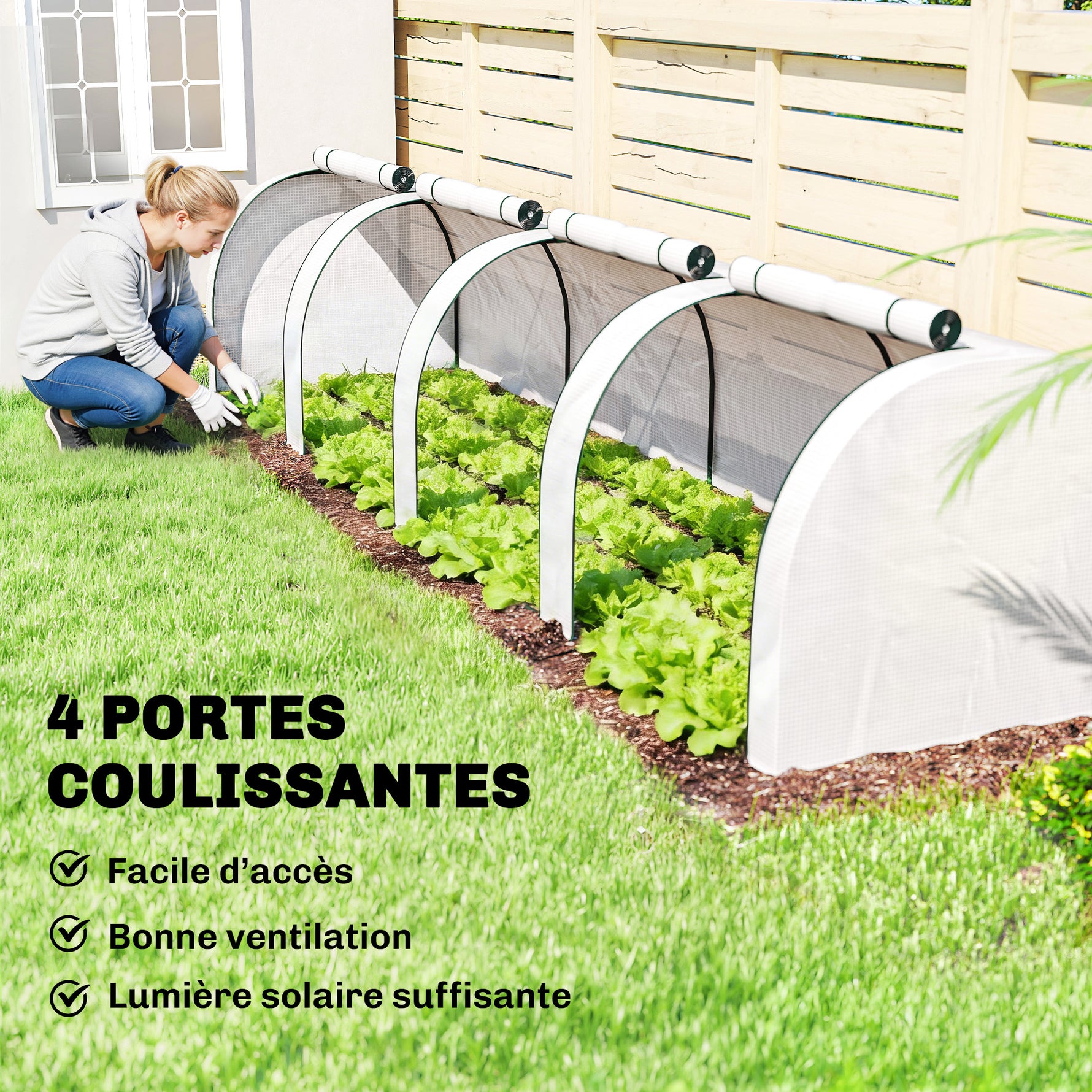 Mini serre de jardin serre à tomates 4 x 1 x 0,80 m acier PE anti-UV 4 portes avec zip enroulables blanc