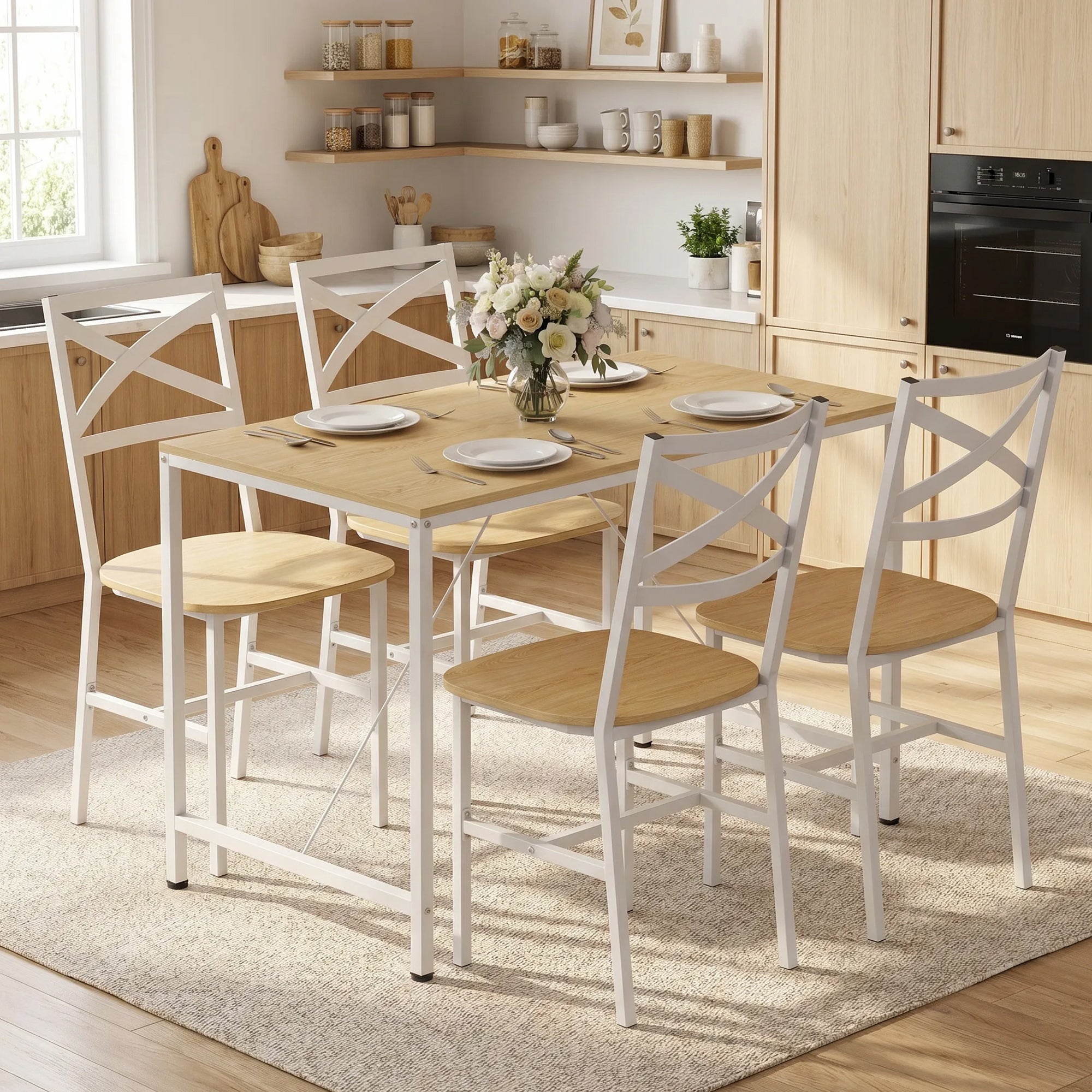 Ensemble Table Salle à Manger avec 4 Chaises, Table de Cuisine avec Chaises pour 4 Personnes, Bois Naturel et Blanc