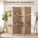 Séparateur de pièces 4 panneaux 2 étagères pliables naturel paille