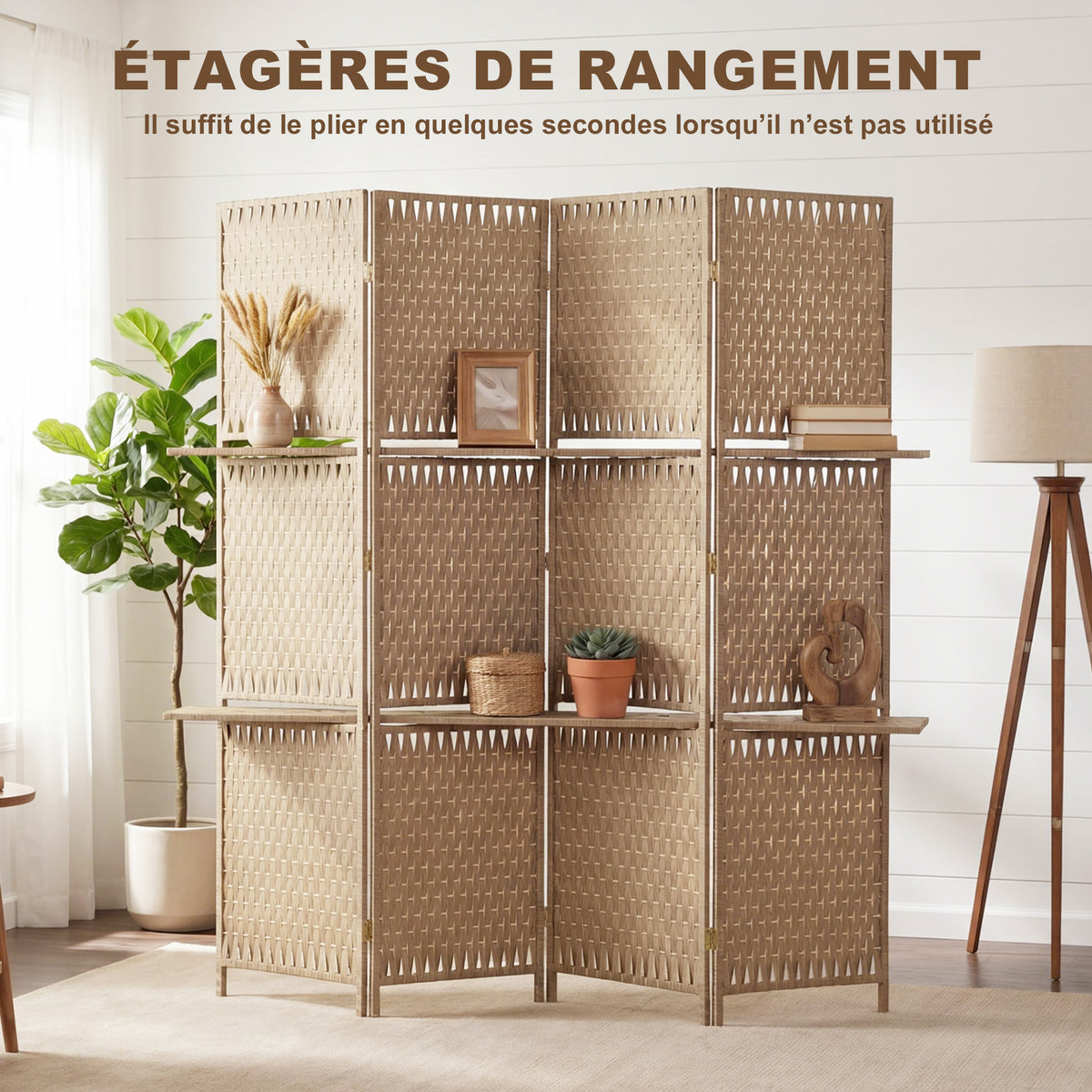 Séparateur de pièces 4 panneaux 2 étagères pliables naturel paille