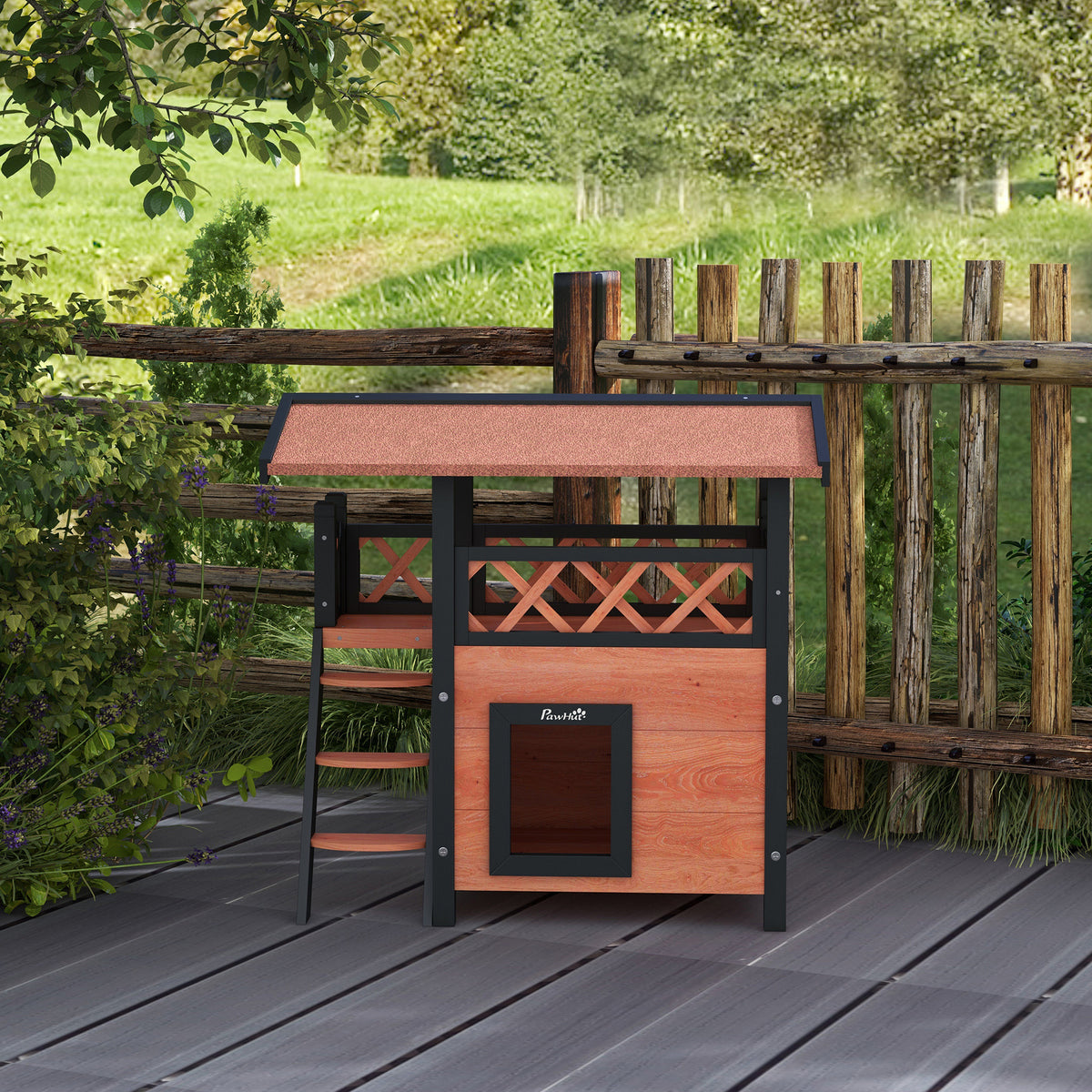 Buitenkattenhuis met terras, trap, dak, villa-nachthok, 77 x 50 x 73 cm bruin en rood