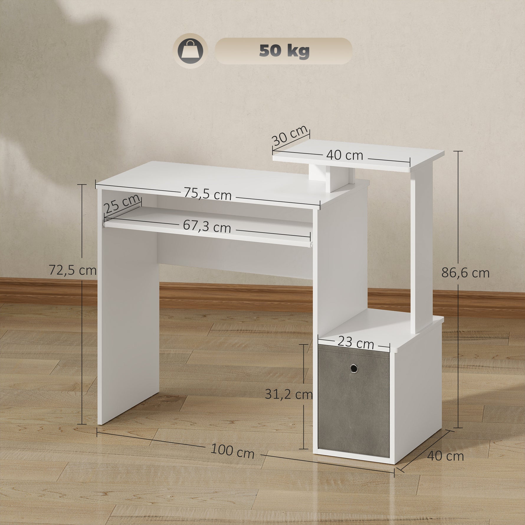 Bureau Informatique multimédia étagères Tablette Clavier Panier Gris Panneaux Particules Blanc