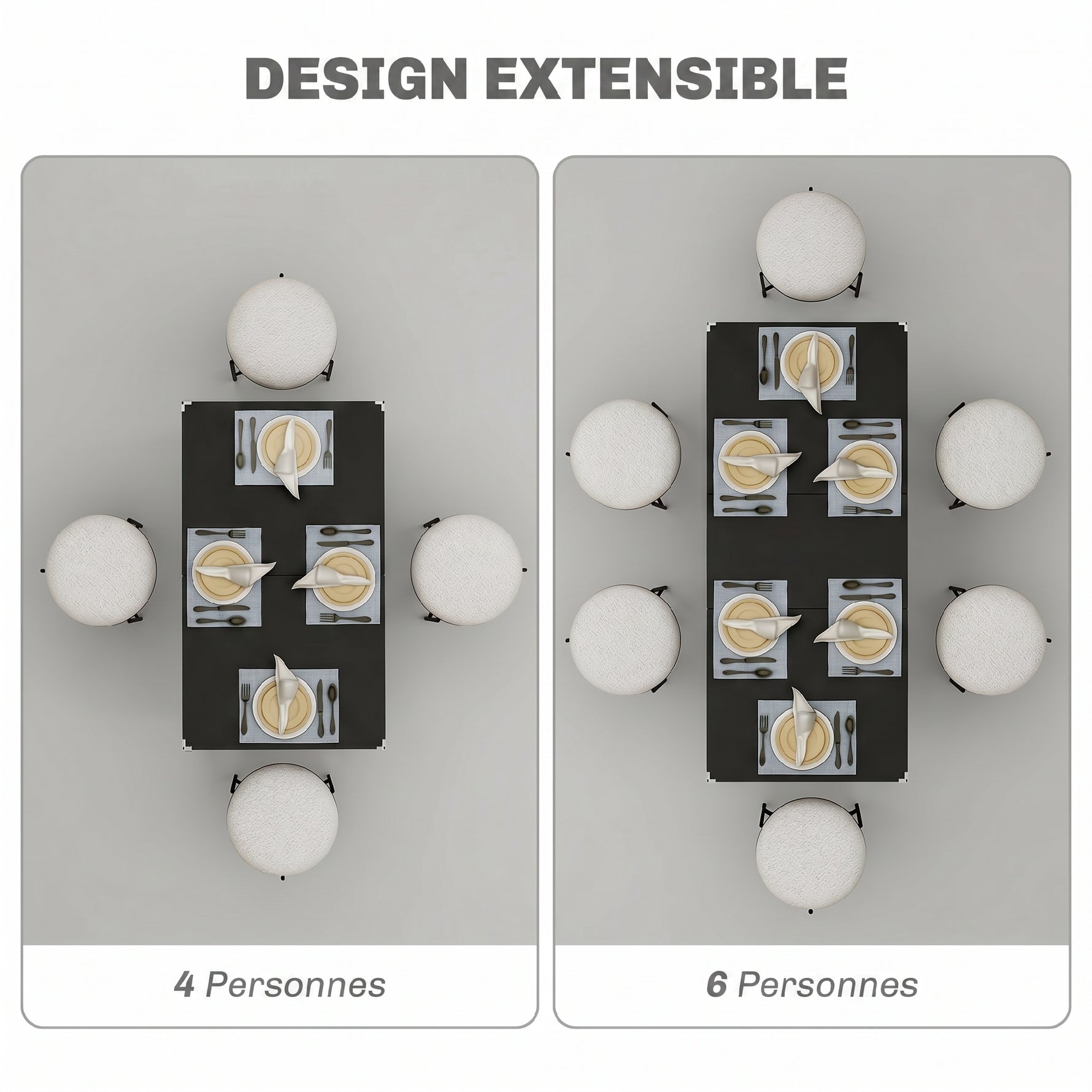 Table à manger extensible de 4 à 6 personnes, pieds en acier, pour petits espaces, salle à manger, noir