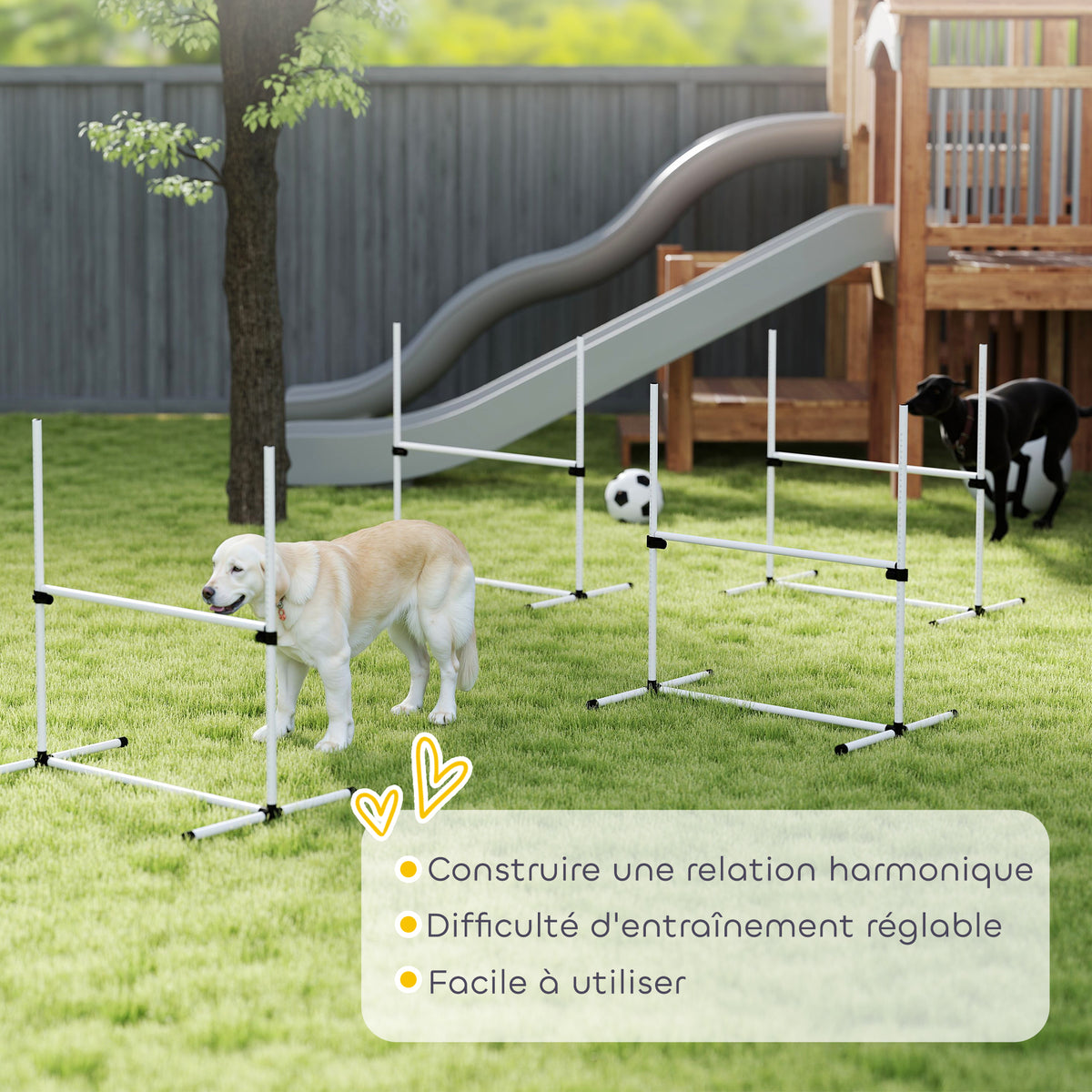 Agility pour Chiens, Kit Agility Chien Parcours, Set de 4 Obstacles Professionnels Hauteur Réglable, Système de Maintien au Sol, Sac de Transport, Jeux Intéressants, Entraînement, Blanc