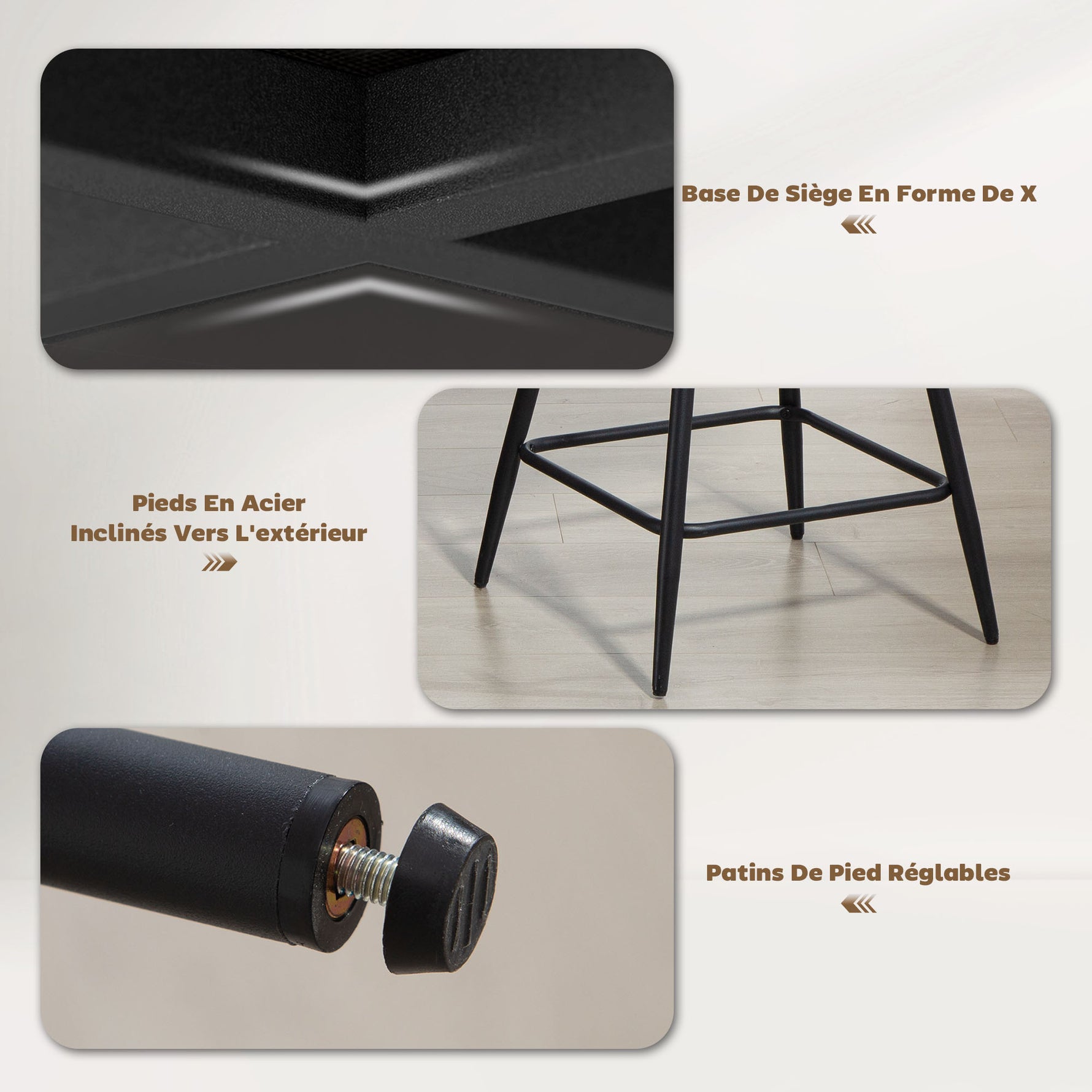 Lot de 2 tabourets de bar en tissu velours côtelé, chaises de bar avec dossier courbé, repose-pieds, 49x52x88cm, crème