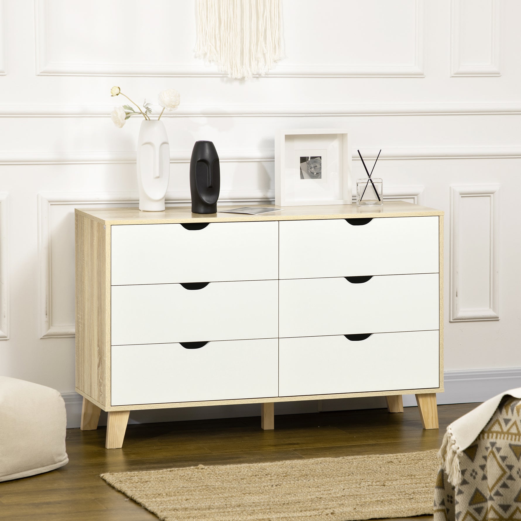 Commode 6 tiroirs style scandinave, meuble de rangement - dim. 120l x 40P x 76H cm, chêne et beige