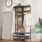 Meuble d'entrée d'angle, vestiaire à 4 niveaux, rangement pour chaussures, 8 patères mobiles, 2 étagères, brun rustique