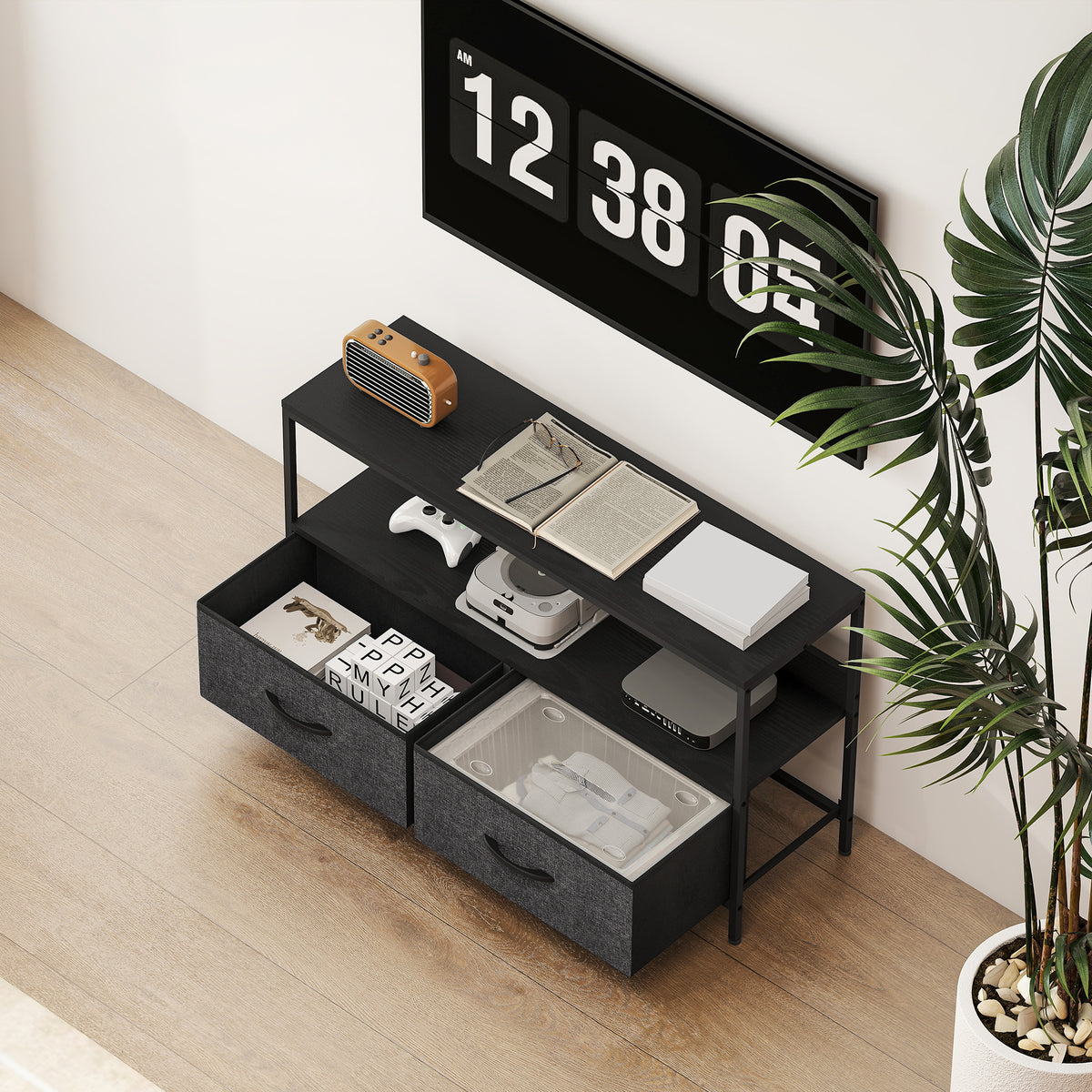 Meuble TV, meuble télé pour téléviseur jusqu'à 47 pouces avec 2 tiroirs et pieds en acier, 98 x 29 x 56 cm, gris foncé