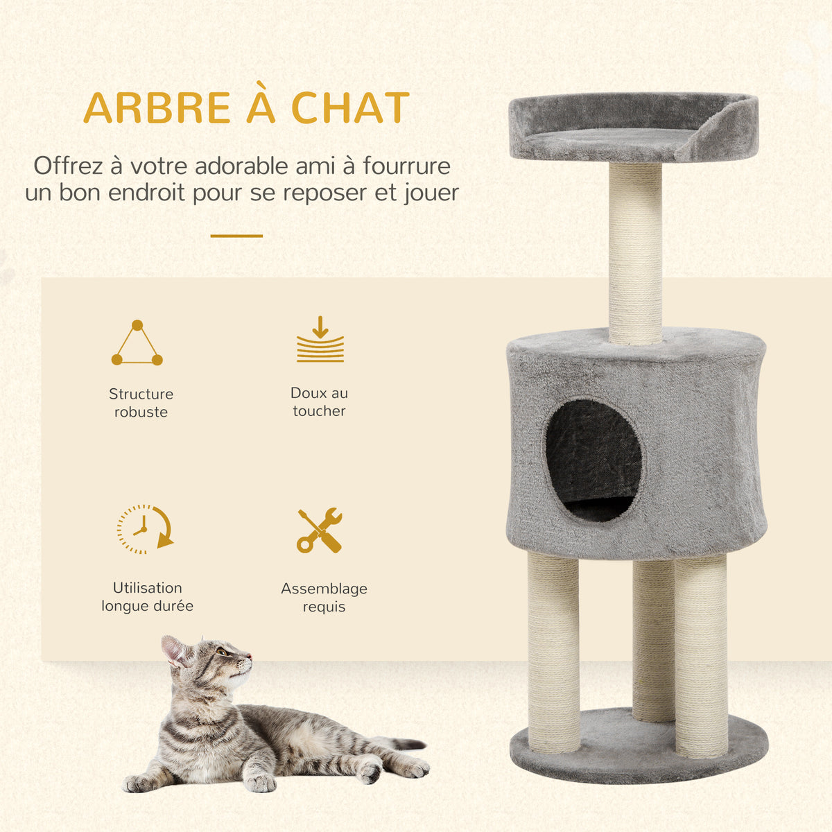 Arbre à chat griffoirs grattoirs sisal naturel arbre à grimper niche plate-forme en peluche hauteur 103 cm gris