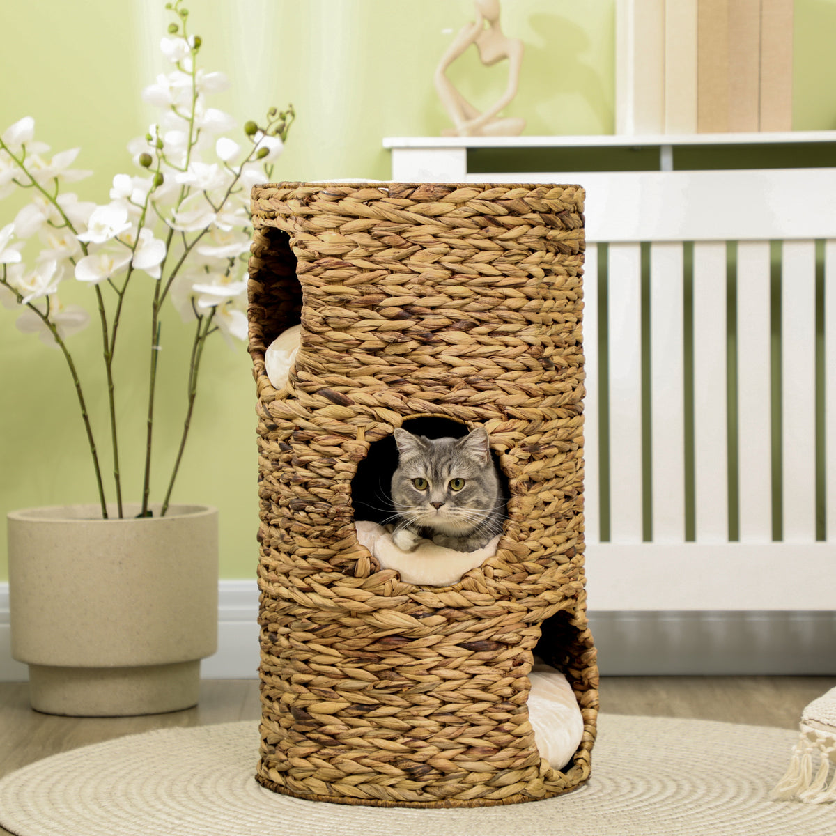 Krabton voor katten, 3 niveaus, kussens, gevlochten waterhyacint, stalen frame, Ø 40 x 73 cm, lichtbruin