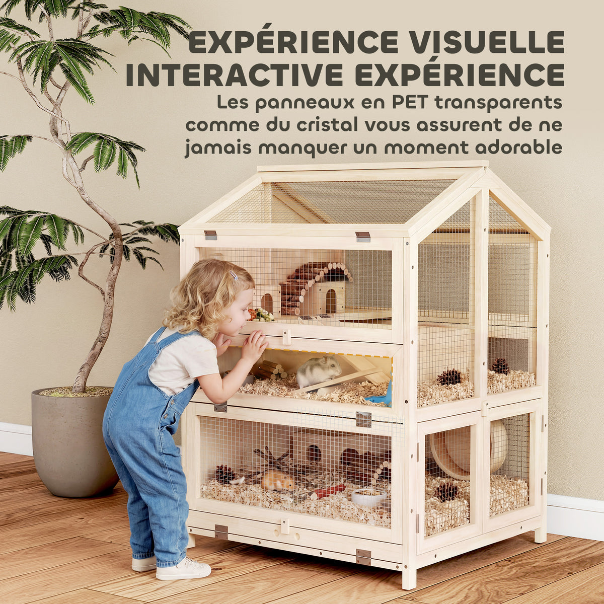Cage Hamster 3 Étages en Bois avec Bac Amovible, Couvercle Ouvrant, Bascule, Cabane, Fenêtre, 68x61,5x90cm, Naturel