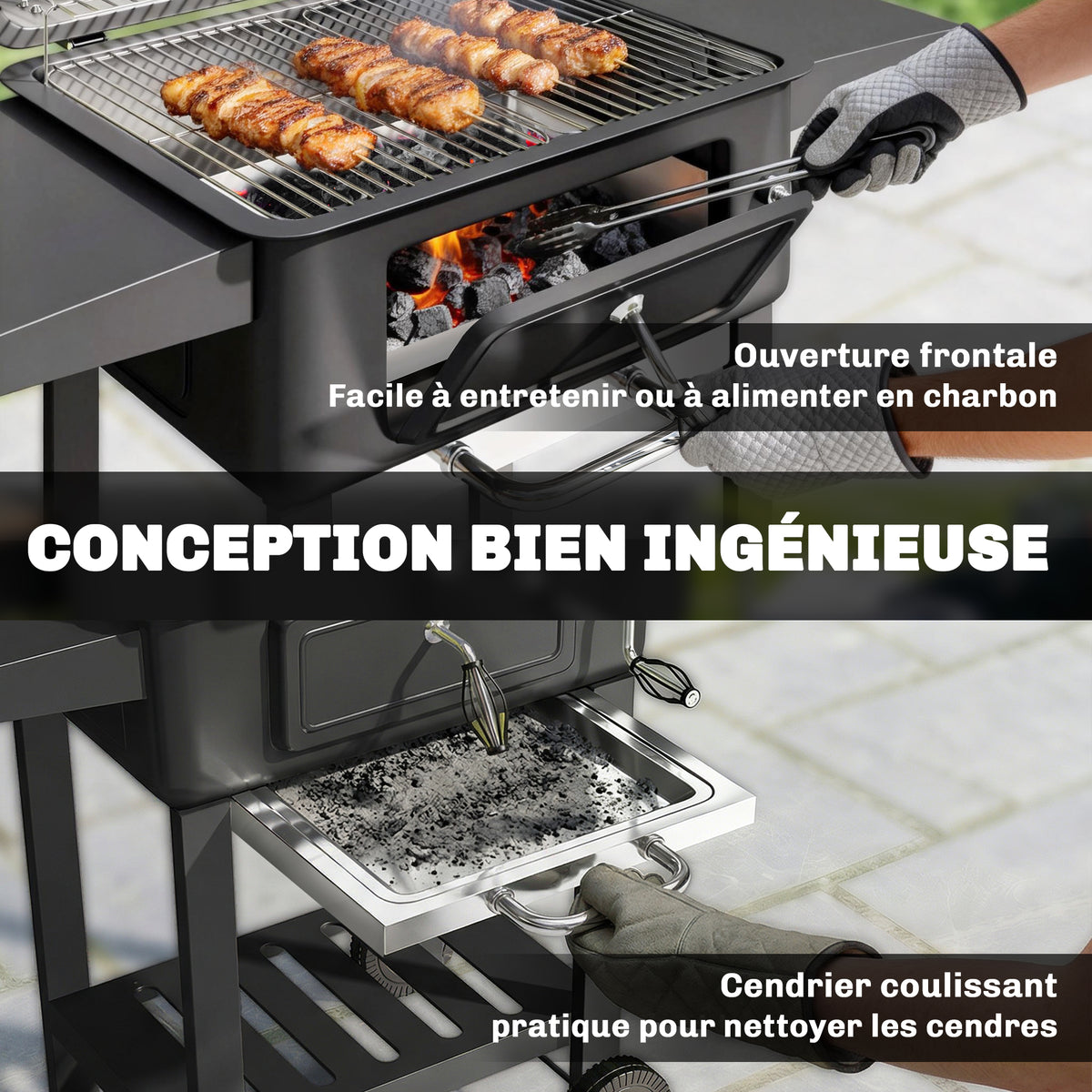 Barbecue Charbon de Bois Chariot Grill de Jardin avec Couvercle XXL Bac à Charbon et Évents Réglables 112cm Noir