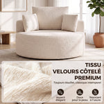 Pouf Canapé Rond en Chenille, Grande Assise, 2 Coussins, 1 Dossier, 1 Traversin, Charge 250kg, 130x130x82cm, Crème