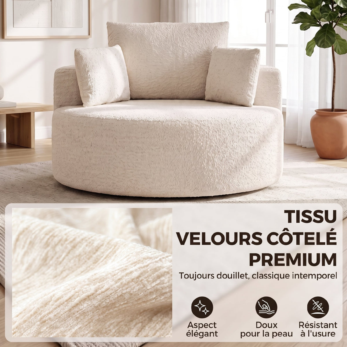 Pouf Canapé Rond en Chenille, Grande Assise, 2 Coussins, 1 Dossier, 1 Traversin, Charge 250kg, 130x130x82cm, Crème