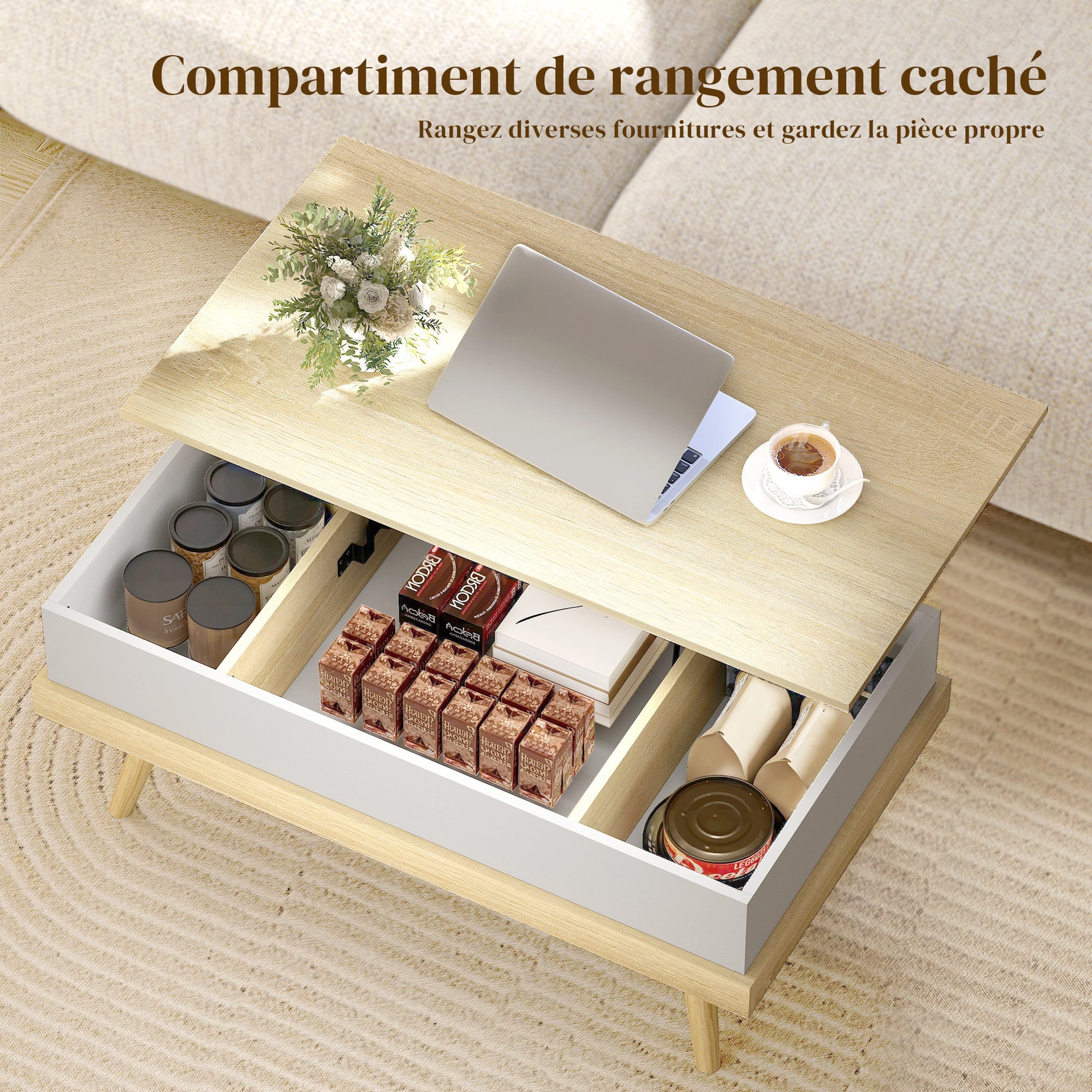 Table Basse Relevable avec 3 Compartiments Cachés, Table de Salon Moderne, Pieds en Bois, 100x79x54cm, Naturel Blanc