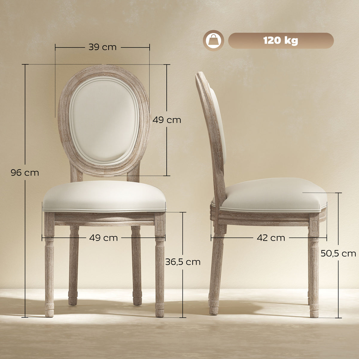 Lot de 2 chaises de Salle à Manger - Chaise de Salon médaillon Style Louis XVI Aspect Lin Crème