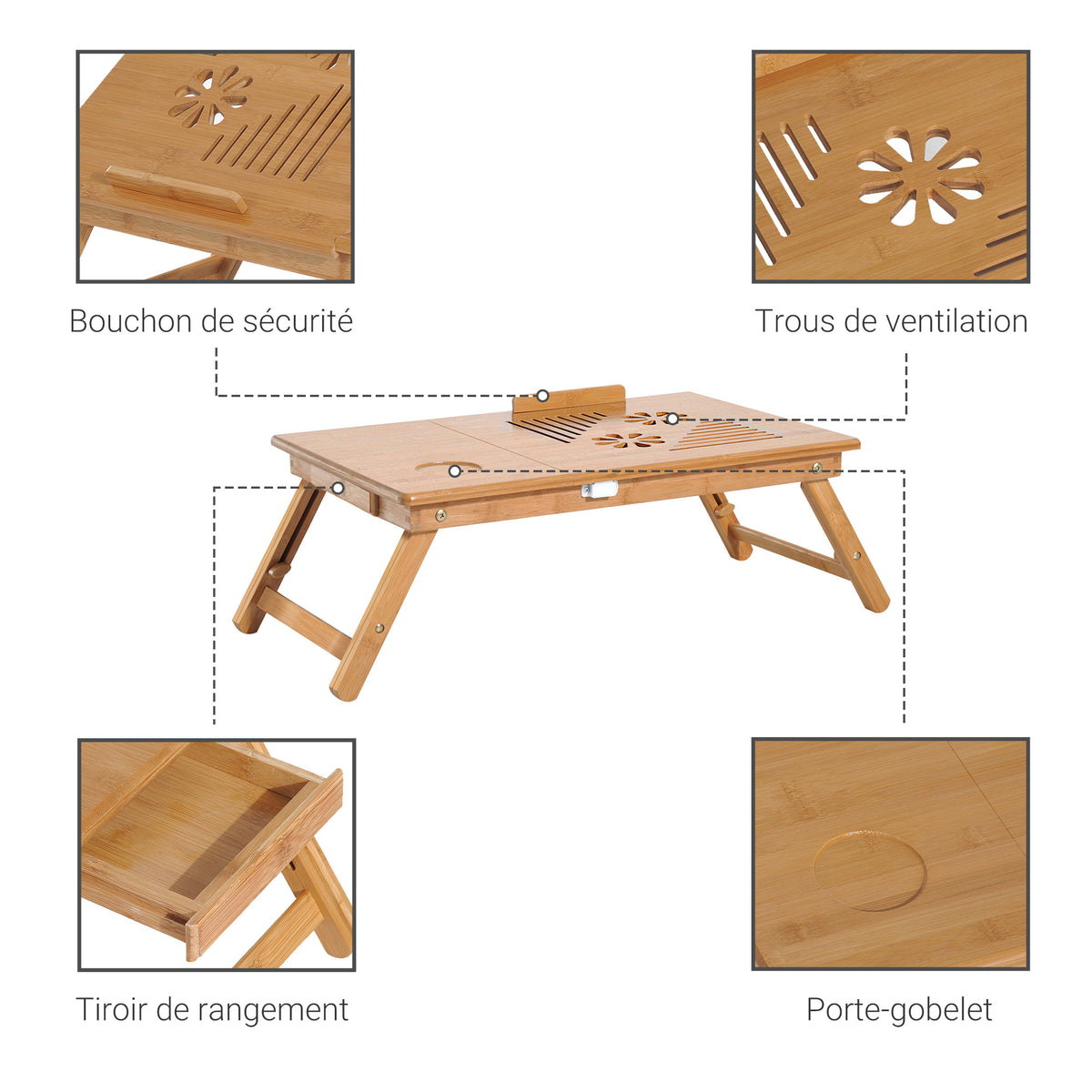 Table de lit plateau pour ordinateur en bois de bambou plateau inclinable pliable réglable en hauteur naturel