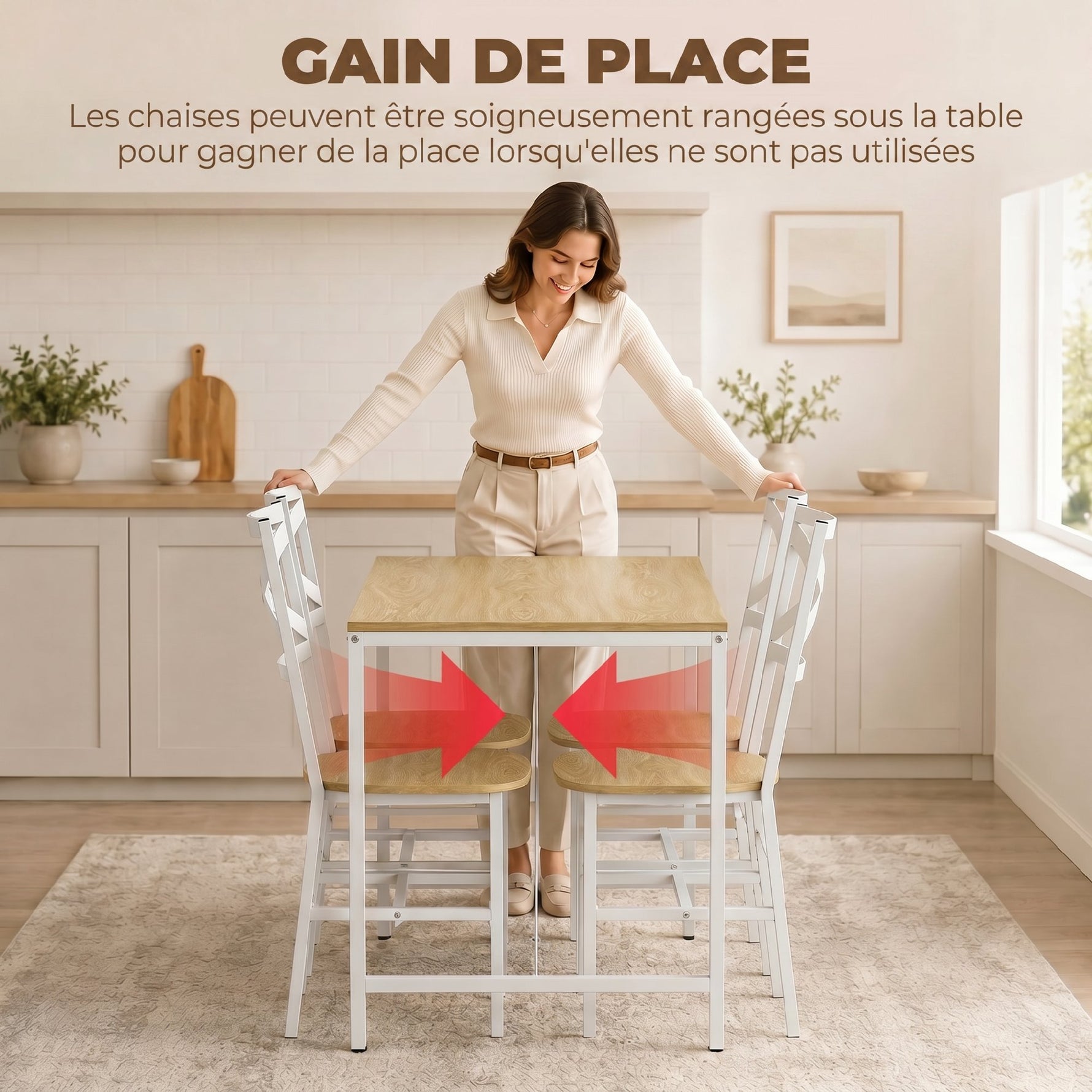 Ensemble Table Salle à Manger avec 4 Chaises, Table de Cuisine avec Chaises pour 4 Personnes, Bois Naturel et Blanc