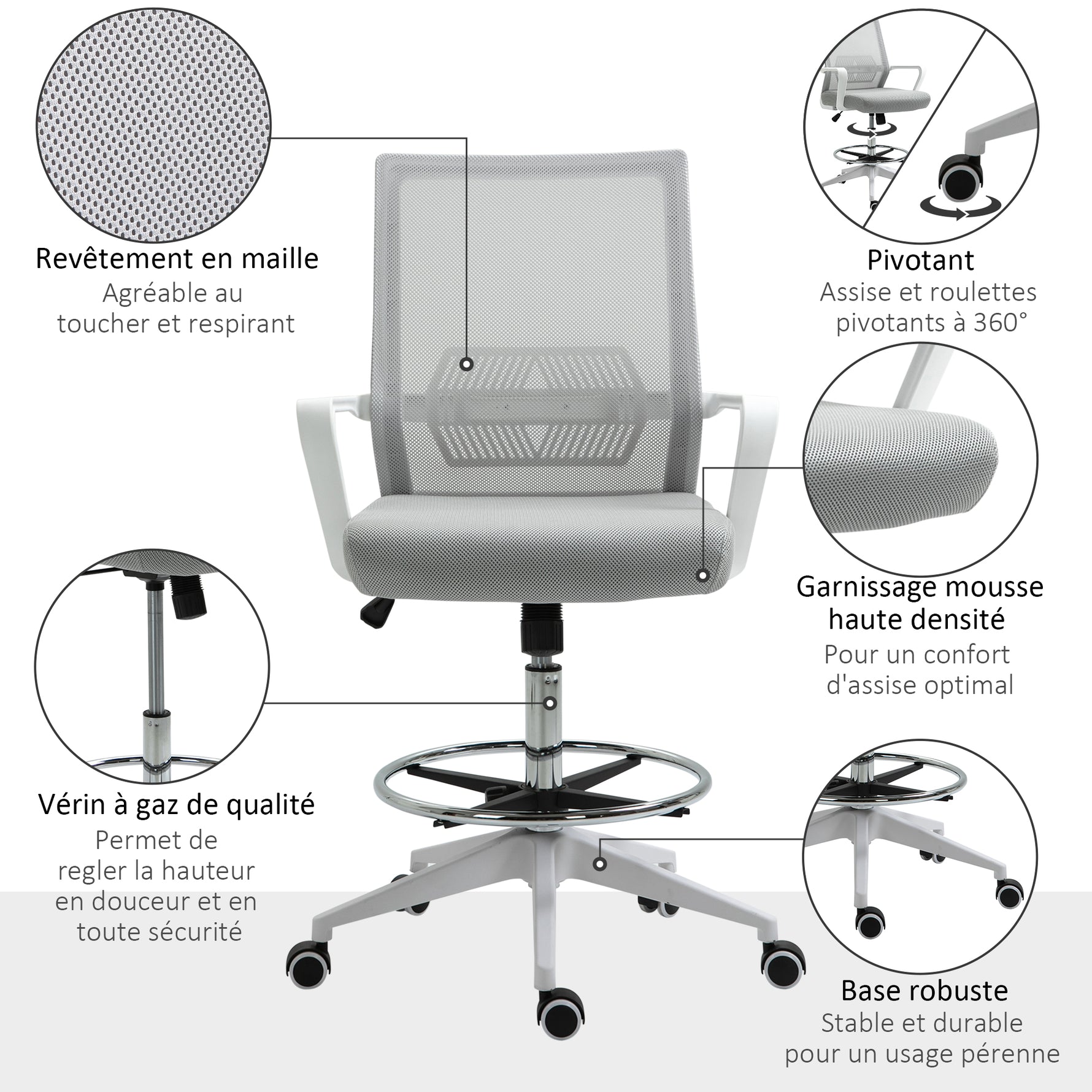 Fauteuil de bureau chaise de bureau assise haute réglable dim. 64L x 59l x 104-124H cm tabouret de bureau pivotant 360° maille respirante gris et blanc